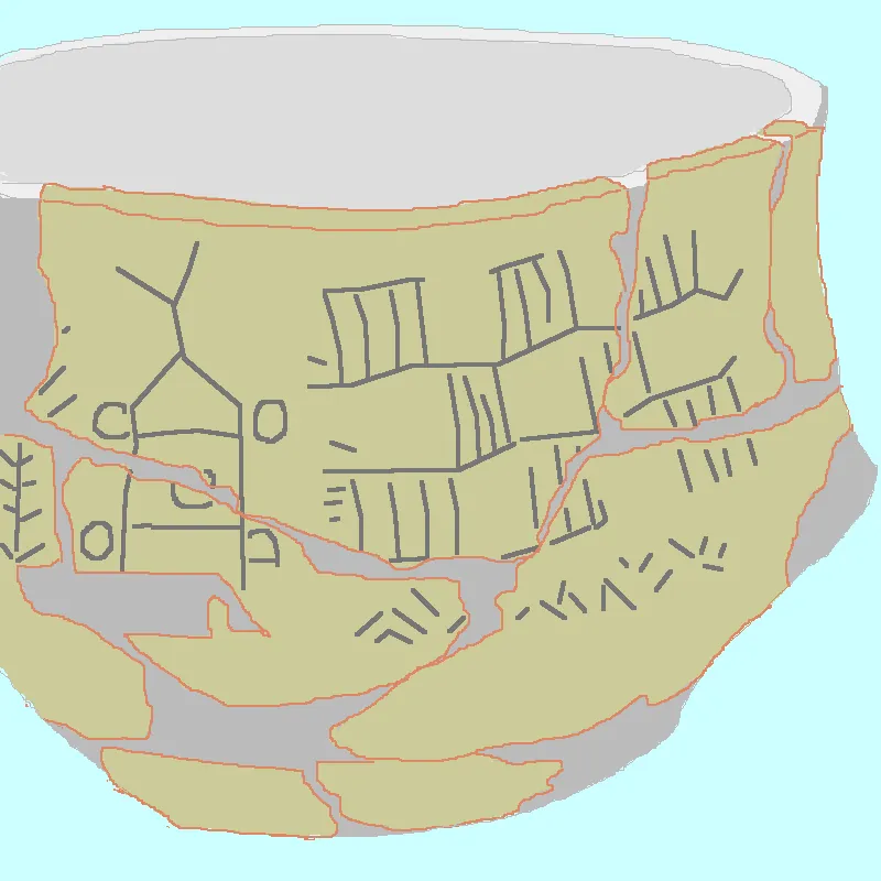 Dibujo del vaso de Bronocice, con los grabados que representan un carro de cuatro ruedas